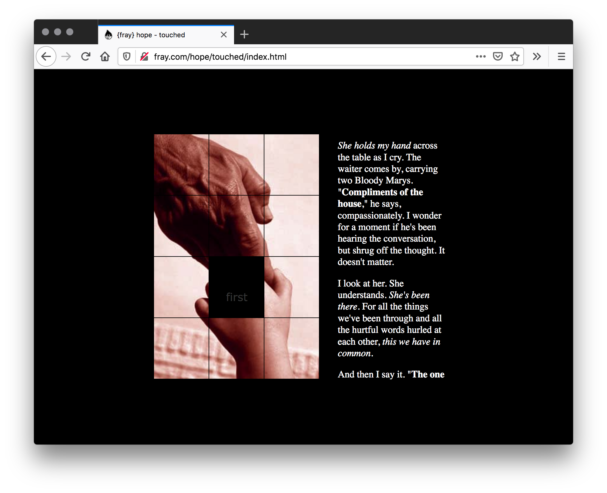 Screenshot of black webpage with a tiled image of a baby's hand grabbing the fingers old and wrinkled hand, with one of the tiles missing, revealing the image like a puzzle. The right has paragraphs of white text, with some words italicized or bolded.