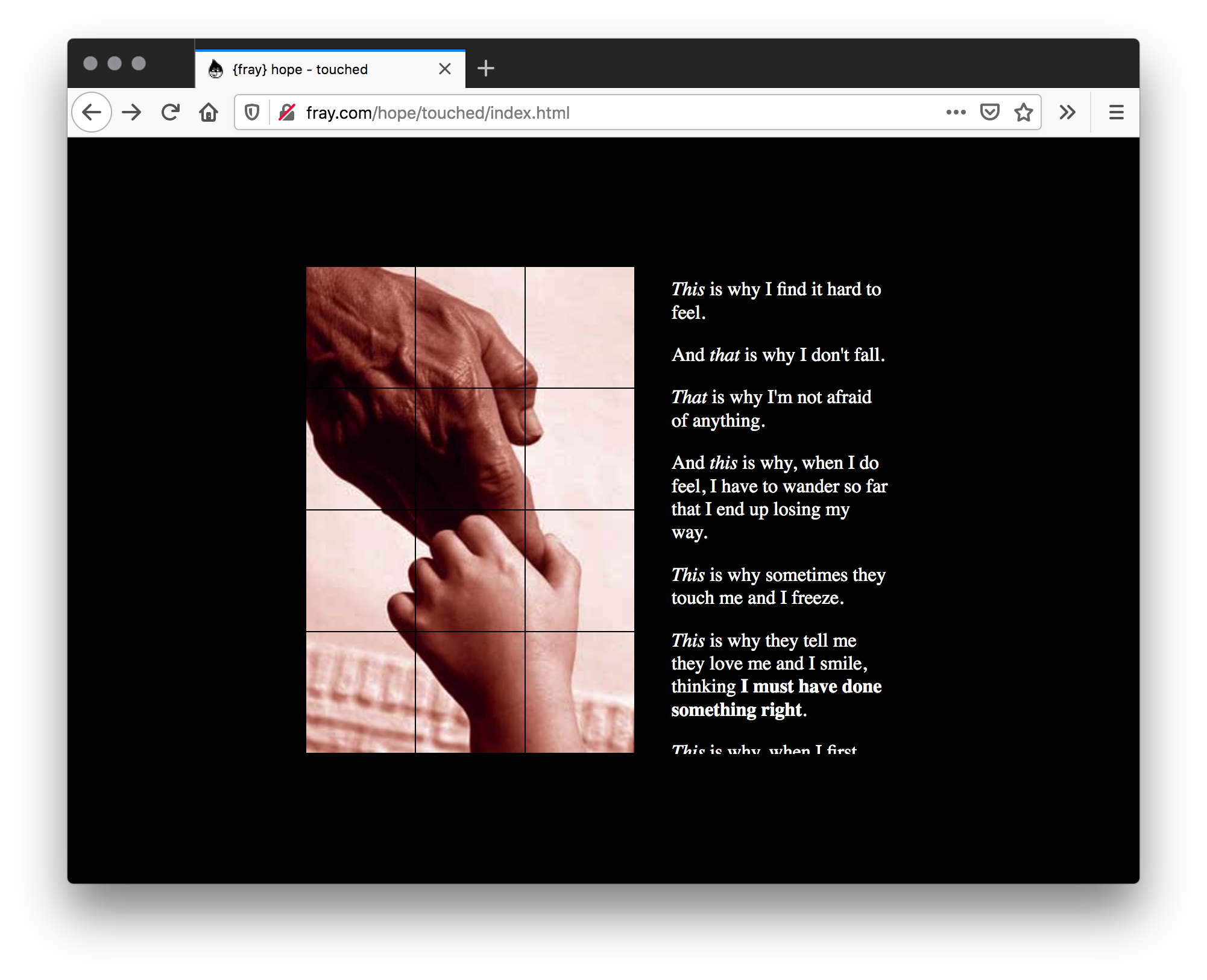 Screenshot of black webpage with a tiled image of a baby's hand grabbing the fingers old and wrinkled hand. The right has paragraphs of white text, with some words italicized or bolded.
