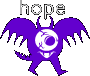 Graphic illustration of a purple bat-winged cyclopes monster with a tail and stubby leggs. "Hope" is typed in white above the monster.