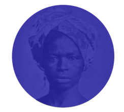 A blue circle overlayed with a headshot portrait of Maria Filipa de Oliveira, an Afro-Brazilian independence fighter, wearing a floral print head scarf.