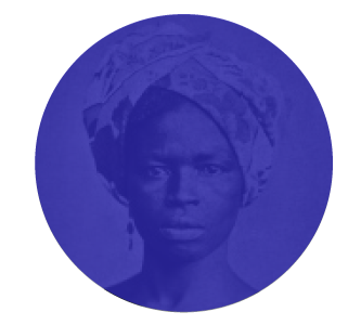 A blue circle overlayed with a headshot portrait of Maria Filipa de Oliveira, an Afro-Brazilian independence fighter, wearing a floral print head scarf.