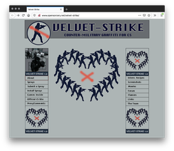 A grey webpage with two columns of text on both sides and a armed man crossed out by an orange graffitied line in a circle next to large text in the center. The center has a graphic of armed men forming a heart and a graffitied orange "x" inside.