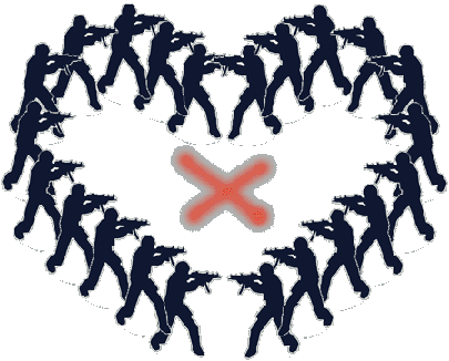A graphic of armed men holding guns, ready to shoot fire, facing each other to form a heart shape. The center has an orange "x" graffitied.