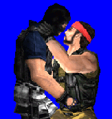 A graphic image of two male video game characters embracing for a kiss. The man on the right has a beard, wears a bandana, a black vest, and army print clothes while the other wears a black head mask, a vest, a blue shirt and white and blac printed pants.