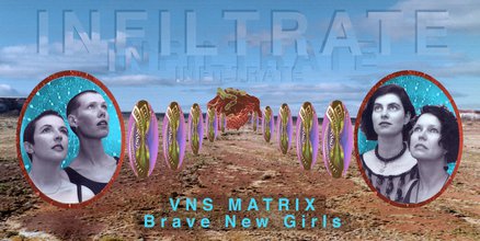 An alien landscape with blue skies meeting a dessert ground. A path leads to a biological virus. The path begins with two oval pillars on the sides, framing women's faces gazing above, followed by rows of pink oval pillars and illustrated regal emblems.