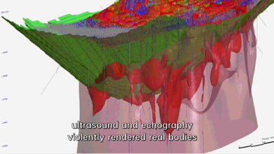 a 3D model of pink, red and green, with the text on the bottom, “ultrasound and ethnography//violently rendered real bodies”
