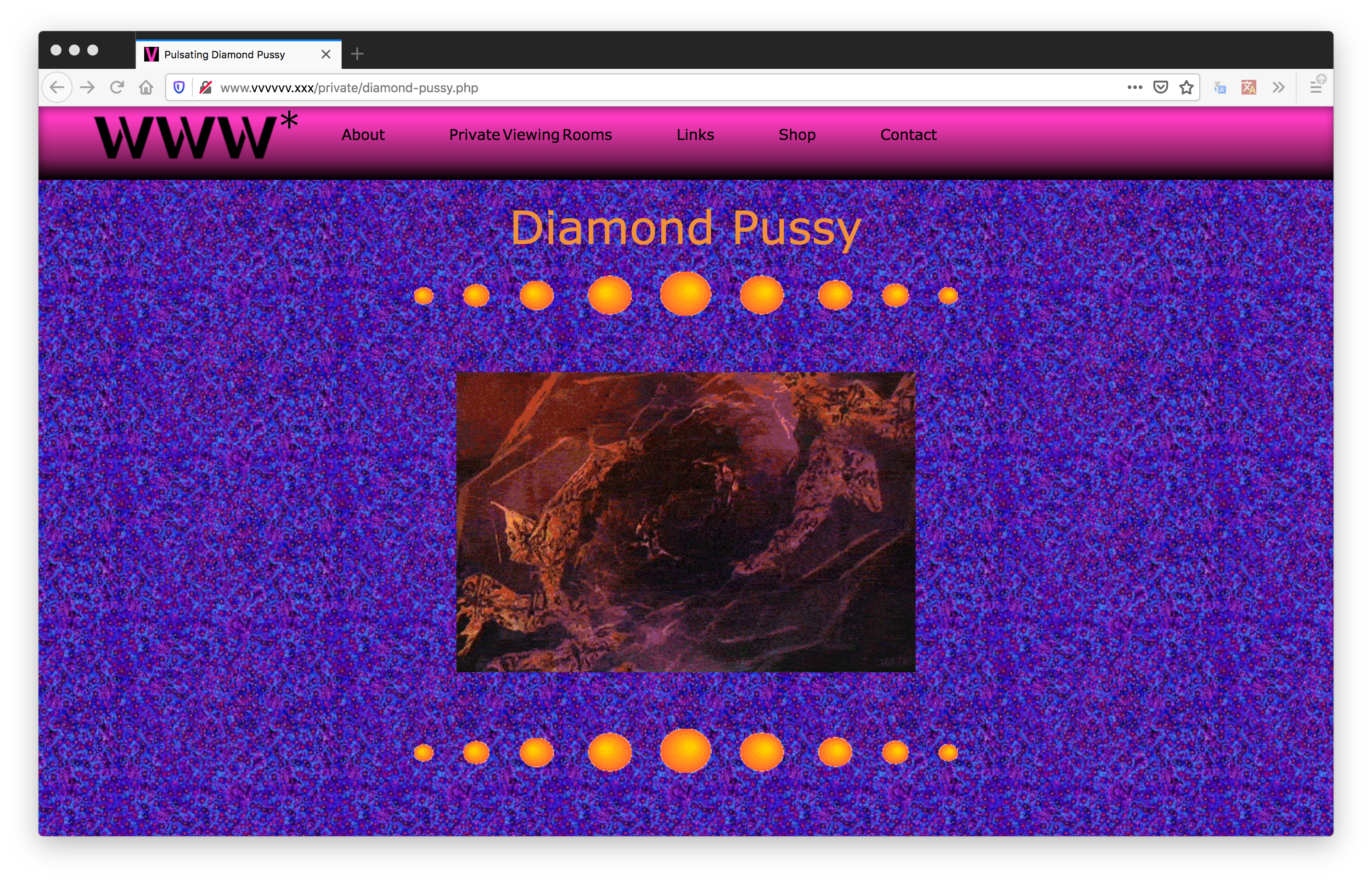 Screenshot of a webpage with a pink, purple, and blue dotted background. A pink to black gradient header lines the top. "Diamond Pussy" titles an image of a distorted whirlpool with rows of orange circles lining the top and bottom of the image.