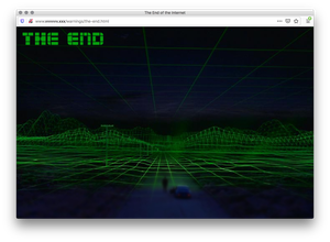 Screenshot of a webpage made of simulated world outlining a haunting night sky and terrain with a green grid. A blurred image of a person standing outside of the car standing on an empty road. A green "The End" made of a pixelated font is on the top left.