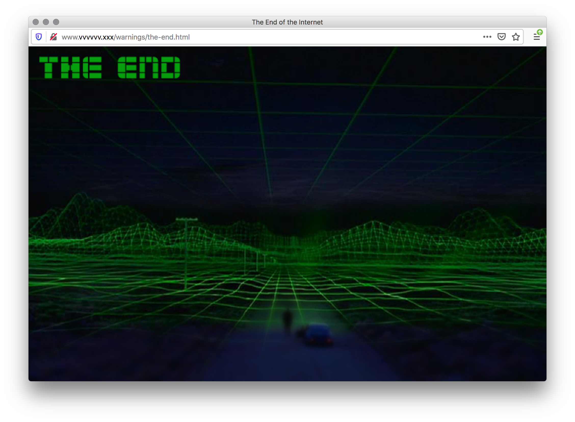 Screenshot of a webpage made of simulated world outlining a haunting night sky and terrain with a green grid. A blurred image of a person standing outside of the car standing on an empty road. A green "The End" made of a pixelated font is on the top left.