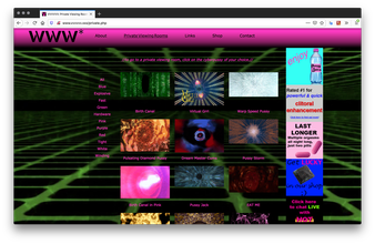 Screenshot of a green and black infinite grid webpage with a pink gradient header. A pink texted menu on the left sits next to a grid whirlpools and black holes titled by pink text. Orgasms, clitoral enhancements, sexy chat advertisements flank the right.
