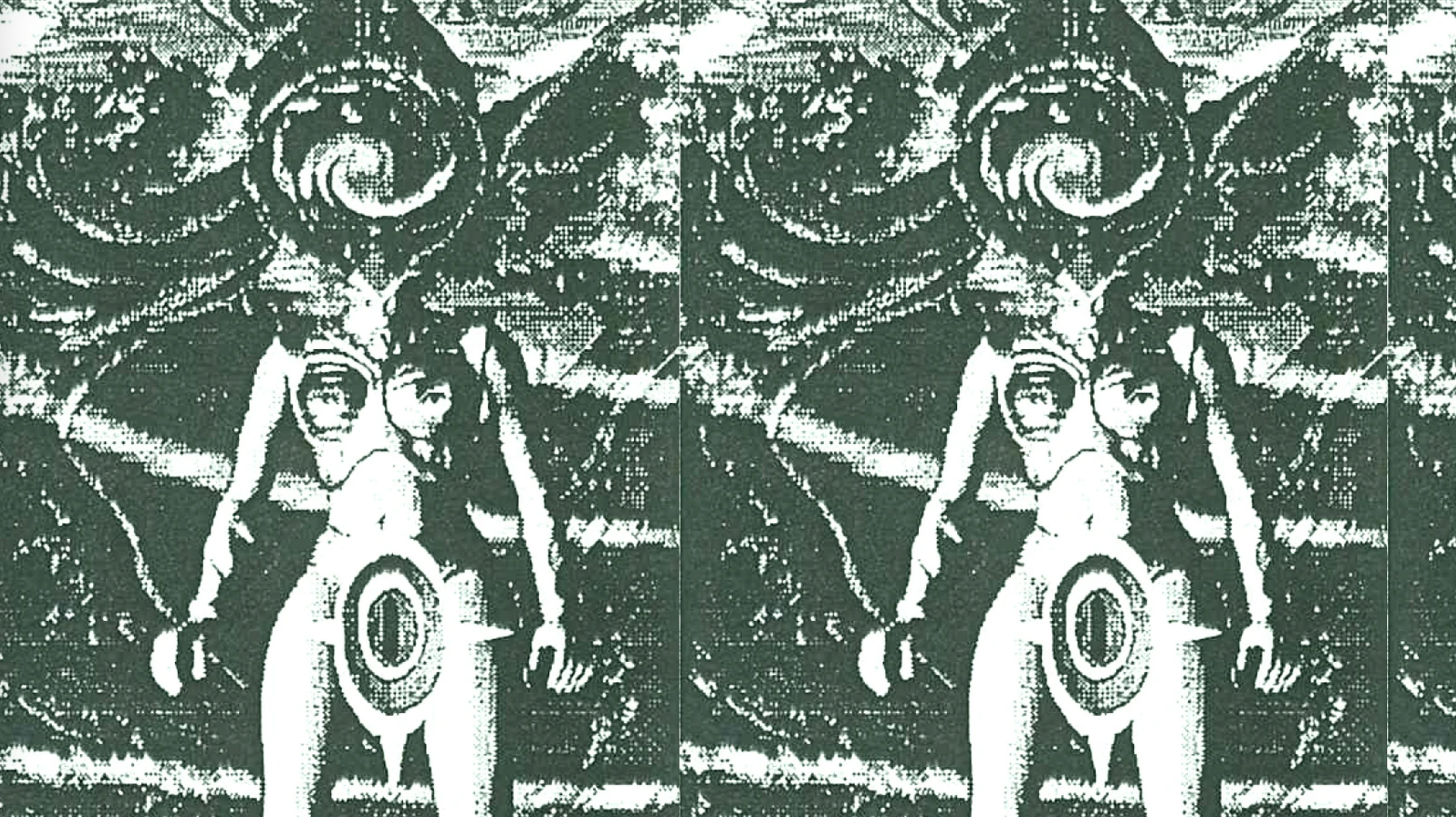 A tile of a emerald and white print of a female figure with a spiral as its head, a virus eye on its genitalia, and the torso of a tribal warrior figurine. The background is of an abstract whirlwind wave-like pattern.