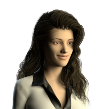 render of a woman with dark hair and light skin a white shirt with brown color