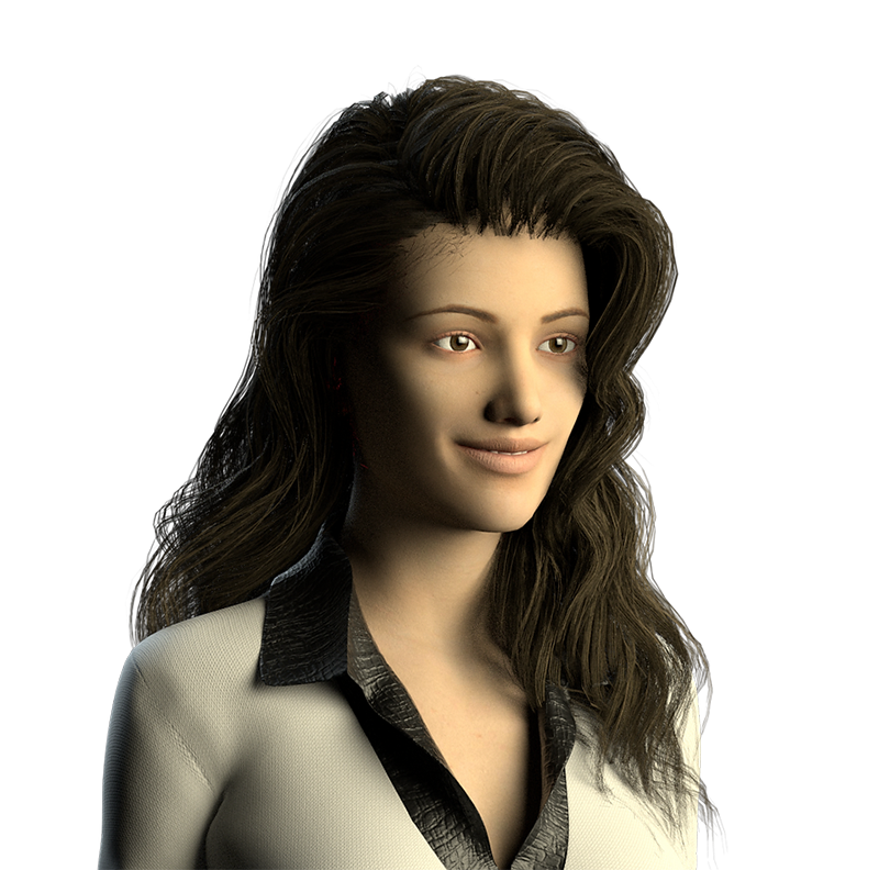 render of a woman with dark hair and light skin a white shirt with brown color