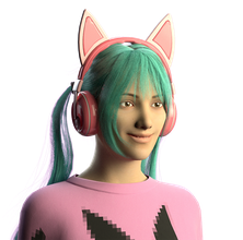 render of a live stream host woman with green hair, cat ear headband, and pink sweater