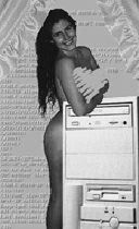 A graphic collage of silk curtains revealing a censored black and white photo of a naked smiling woman posing behind a blown up vintage computer in front of a backdrop with lines of indecipherable code.