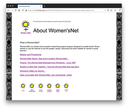 A white webpage with columns of ornamental mirrored female gender symbols drawn on both sides. The header has a sun logo next to a black title. A paragraph of black text, lines of purple text, and a row of suns fills the rest of the page.