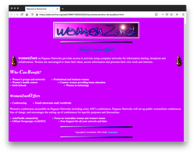 A screenshot of a website with a pink background. There is a pink banner followed by a blue header and white text. Two golden statues of a larger woman hug the sides of the first chunk of text. A white, blue, and black gradient line break the texts.