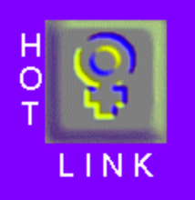 A square purple graphic with the text "HOT LINK" in white bordering a square button of the female gender sign with yellow and blue inner shadows embedded in the middle.