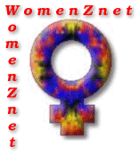 A female gender sign with a blue, red, orange, and yellow tie-dye texture. Red text borders the top left corner, with text going across to the right and down the left side.