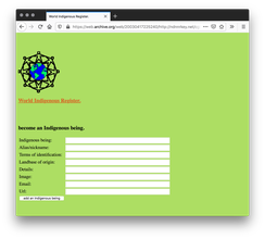 A green webpage with the World Indigenous Register logo sitting atop text fields that begins with “Become an indigenous being”