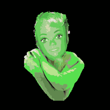 Graphic illustration of a smiling female with short hair hugging opposite shoulders colored in green.