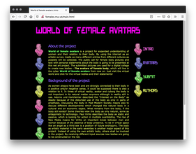 A black webpage with a pink header at the top and a body filled of blocks of yellow text with purple titles and green bolded text. Pink, blue, green, and yellow female figures flanks down the left of the page and the right as the page menu.