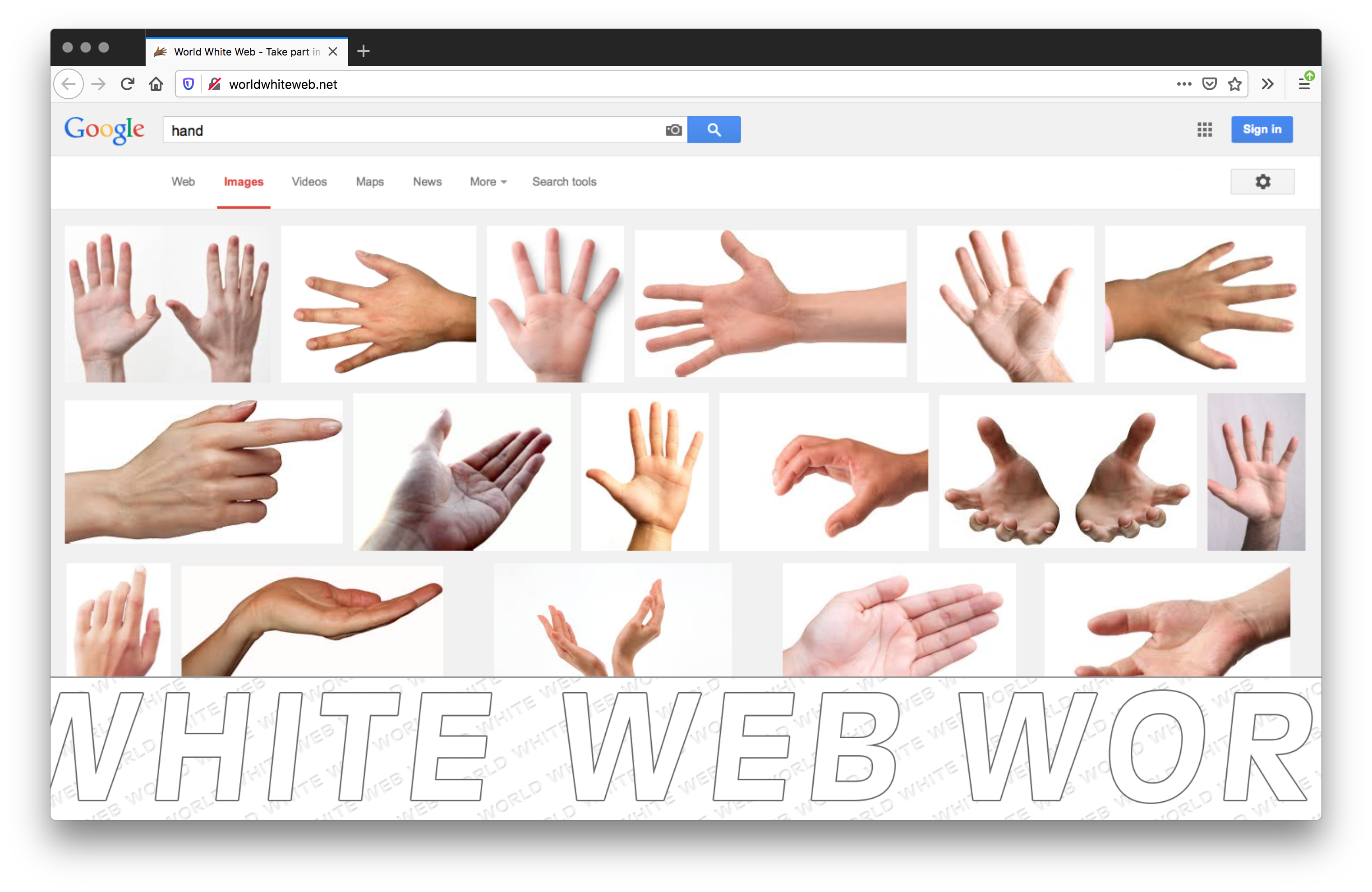 Screenshot of a Google images webpage with rows of different hand gestures in various sized white rectangles. Below is a banner of "White web world" outlined behind a tile of grey text.