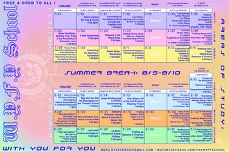 A bright and colorful Gen-Z internet core poster with calendars of two different semesters showing lectures for different days. Large blue calligraphic text flanks the left.