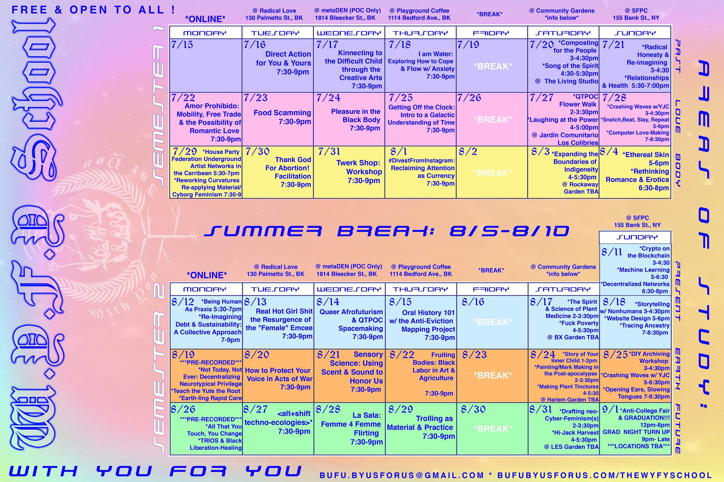 A bright and colorful Gen-Z internet core poster with calendars of two different semesters showing lectures for different days. Large blue calligraphic text flanks the left.