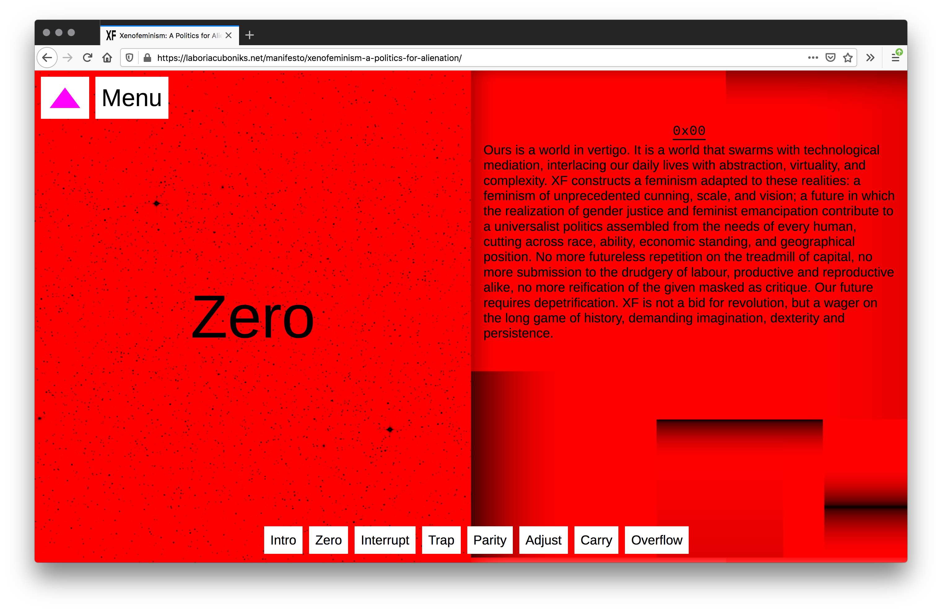 Screenshot of a red webpage split into two. The left shows "Zero" largely typed in the center. The right has paragraphs of black text with three vertical and horizontal fading black gradients. A row of white rectangles with black text lines the bottom.